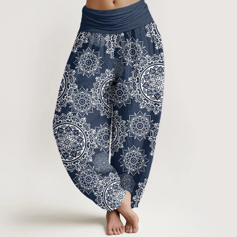 Buddha Stones Cotton Casual White Mandala Flower Design Women's Elastic Waist Harem Pants