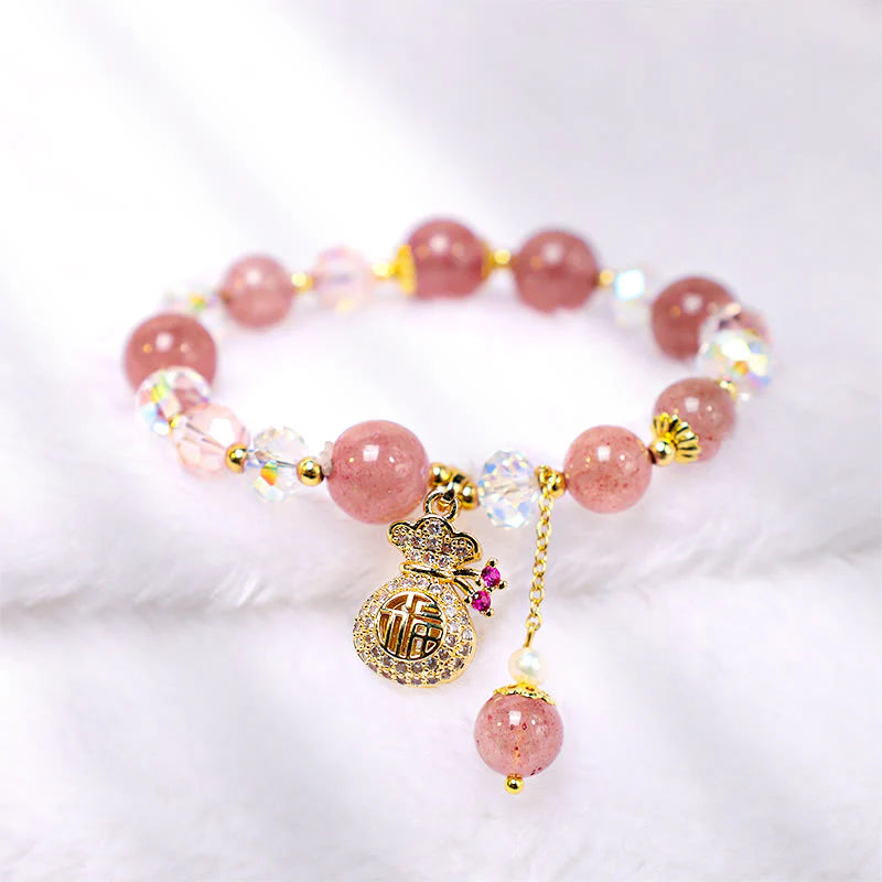 Buddha Stones Wishing Love and Sweet BlessingsStrawberry Quartz Bracelet Includes Gift Message Card