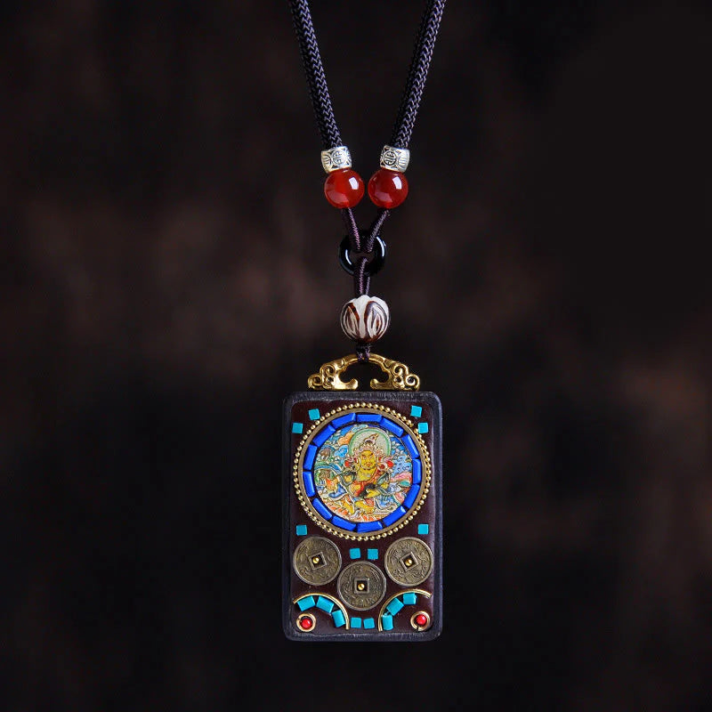 Buddha Stones Thangka Yin Yang Copper Coins Ebony Wood Zakiram Balance Pendant Necklace