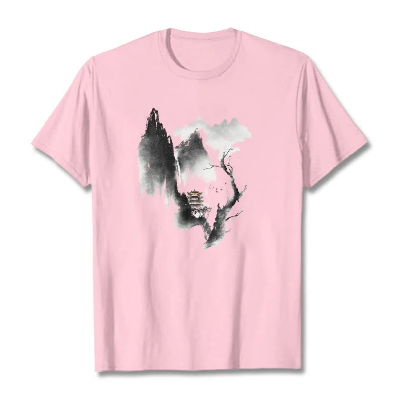 Buddha Stones Pavilion Tree Geese Around The Mountains Pattern Tee T-shirt