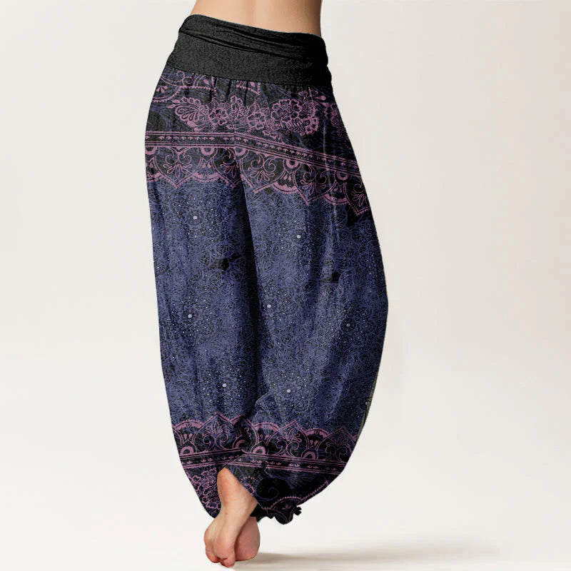 Buddha Stones Cotton Elegant Mandala Flowers Design Women's Elastic Waist Harem Pants