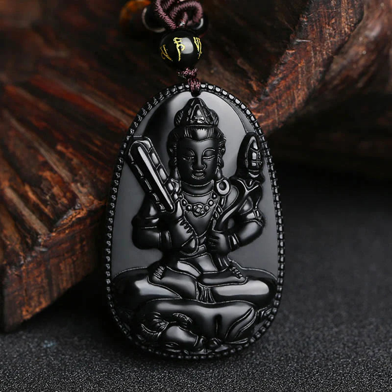Buddha Stones Chinese Zodiac Natal Buddha Natural Black Obsidian Purification Necklace Pendant