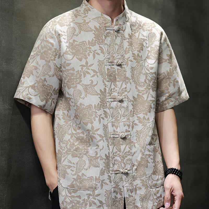 Buddha Stones Casual Jacquard Paisley Flower Plant Pattern Frog-Button Design Men's Cotton Shirt Cardigan With Pockets
