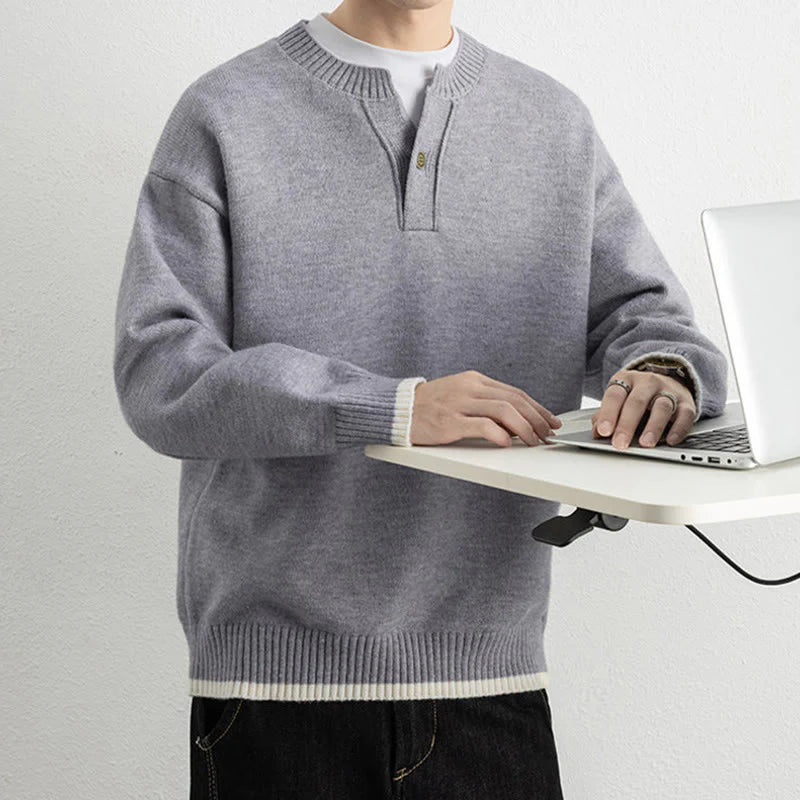 Buddha Stones Winter V-Neck One Button Design Warm Men's Long Sleeve Knitted Sweater