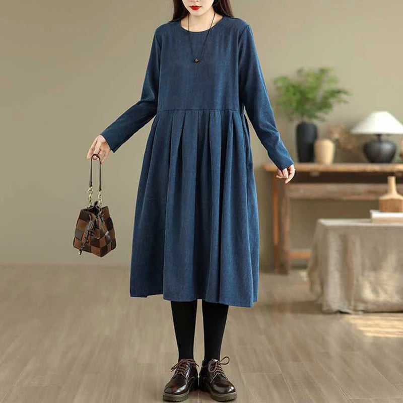 Buddha Stones Fall Plain DarkBlue Long Sleeve Corduroy Midi Dress With Pockets