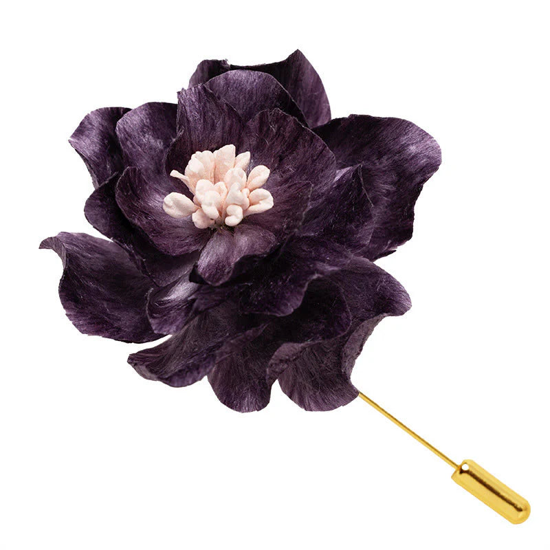 Buddha Stones Handcrafted Silk Art Purple Peony Flower Good Fortune Brooch