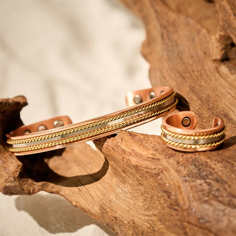 Buddha Stones Retro Twisted Design Copper Open Wealth Luck Cuff Bracelet Bangle Ring