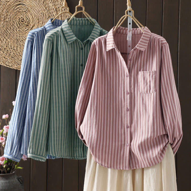 Buddha Stones Spring Vertical Stripes Long Sleeve Decorative Pocket Women's Cotton Buttons Shirt