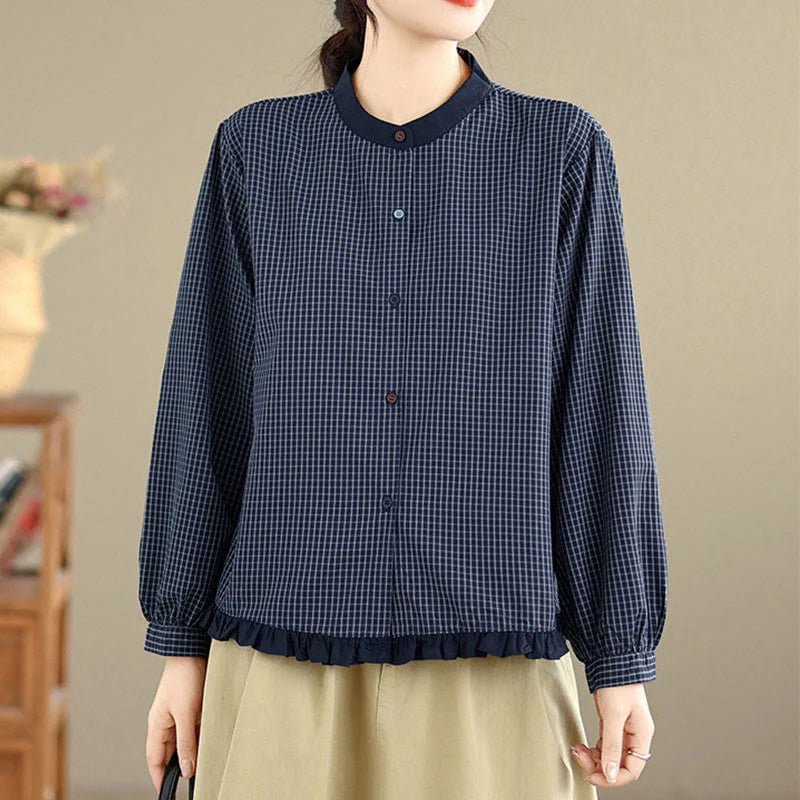 Buddha Stones Fall Plaid Striped Pattern Ruffled Hem Buttons Women's Cotton Long Sleeve Shirt