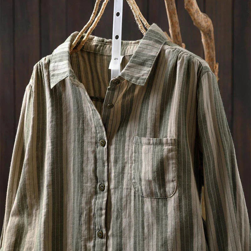 Buddha Stones Fall Vertical Stripes Button Down Stand Collar Long Sleeve Women's Cotton Shirt