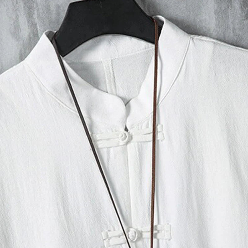 Buddha Stones Summer Frog-button Patchwork Half Sleeve Design Cotton Linen Men's Shirt Jacket