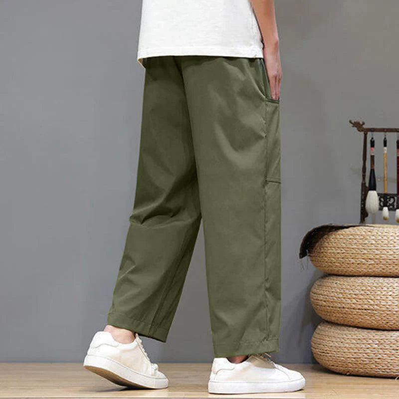 Buddha Stones Summer Solid Color Drawstring Straight Leg 7-8 Length Men's Pants With Pockets