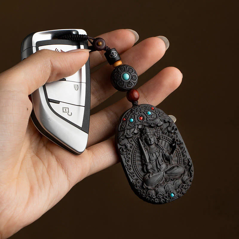 Buddha Stones Chinese Zodiac Natal Buddha Year of the Horse Om Mani Padme Hum Lotus Ebony Blessing Key Chain