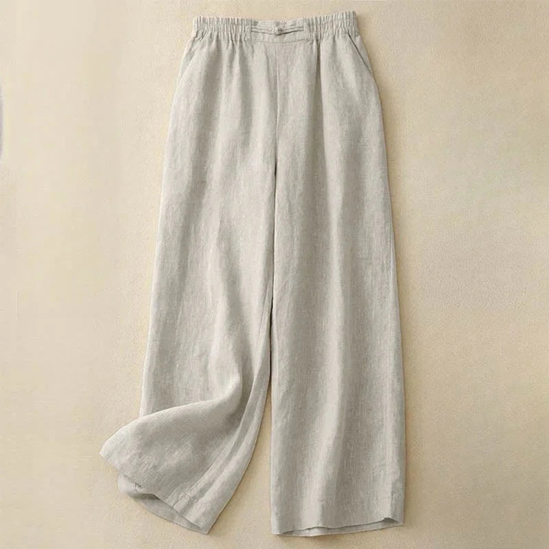 Buddha Stones Daily Solid Color Elastic Waistband Frog-Button Cotton Women's Wide Leg Pants With Pockets