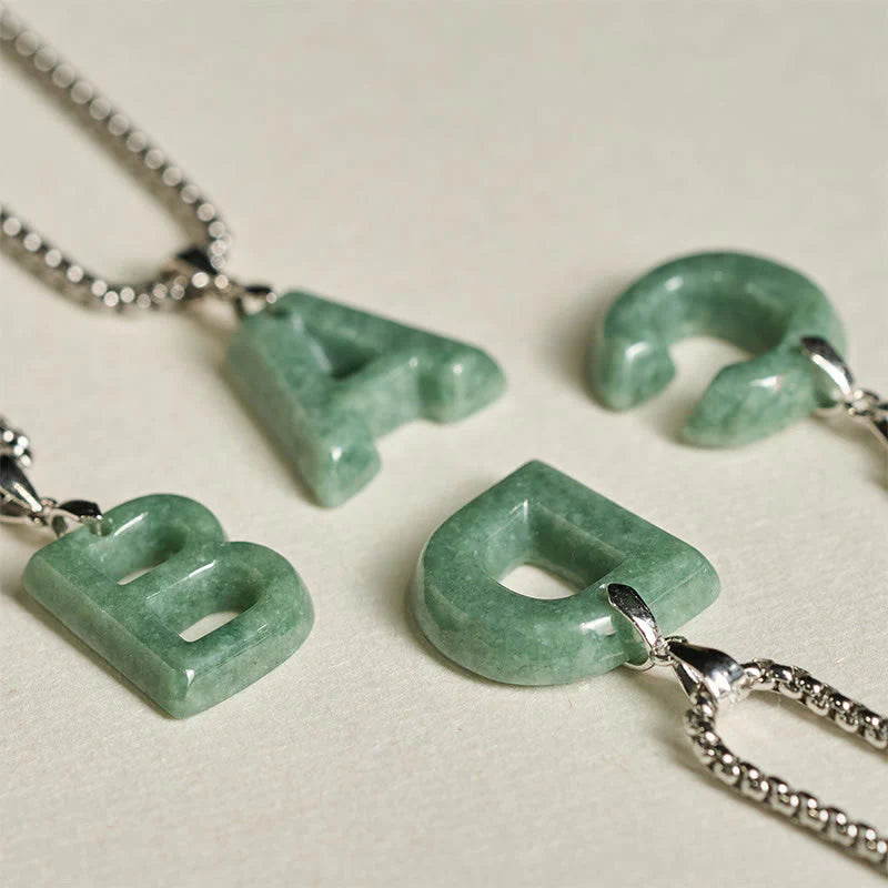 Buddha Stones Natural A-Z Letter Jade Titanium Steel Wide Chain Prosperity Necklace Pendant