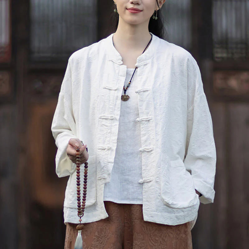 Buddha Stones Fall Jacquard Women's Frog-Button Long Sleeve Shirt Pants Cotton Linen Clothing