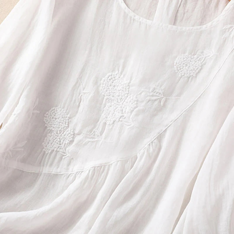 Buddha Stones Embroidered Flower Crew Neck Design Women's Cotton Linen Half Sleeve Shirt