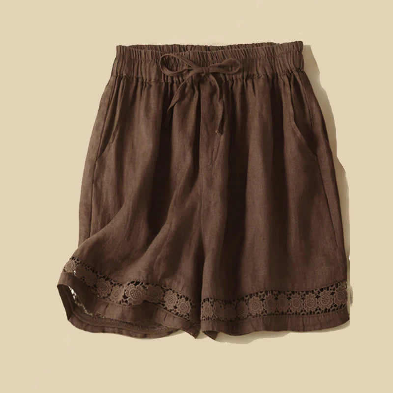 Buddha Stones Plain Color Bottom Hollow Lace Design Lace-up Cotton Women's Shorts With Pockets