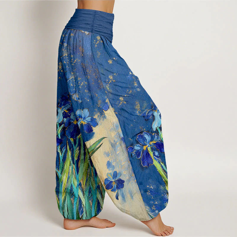Buddha Stones Irises Pattern Pure Cotton Women's Elastic Waist Harem Pants