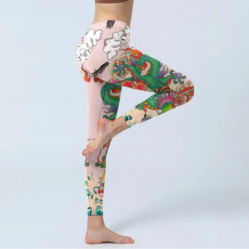 Buddha Stones Dragon Rose Eagle Waves Auspicious Clouds Pattern Gym Leggings Women's Yoga Pants