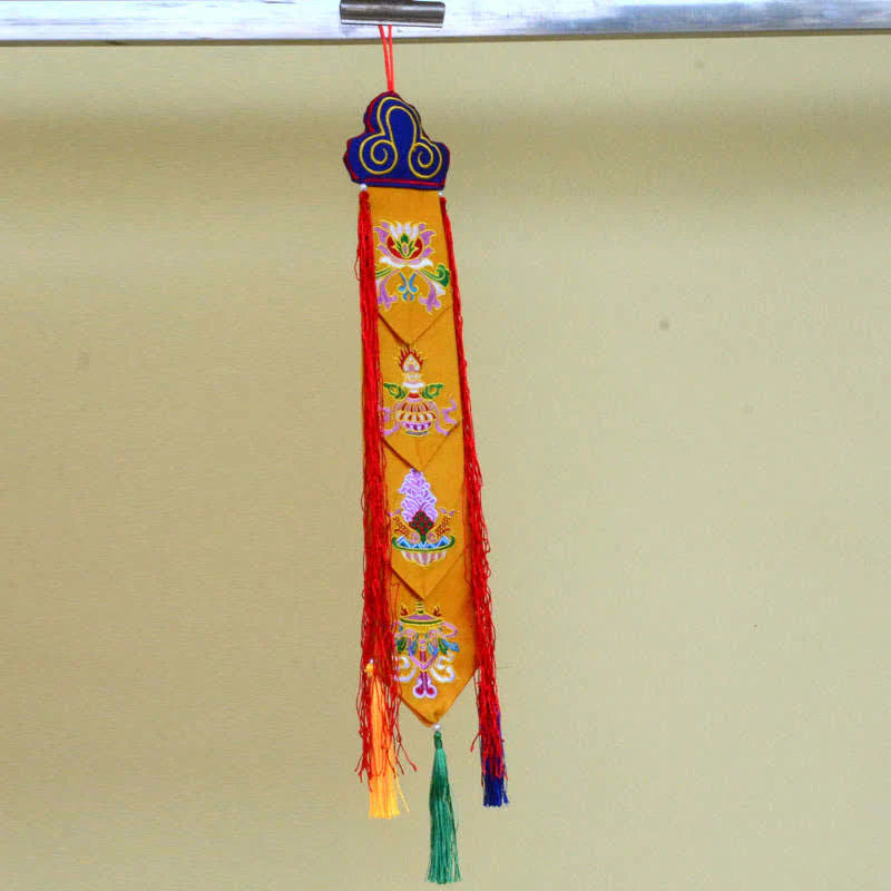 Buddha Stones Lotus Flower Eight Auspicious Symbols Meditation Enlightenment Colorful Tassels Wall Art