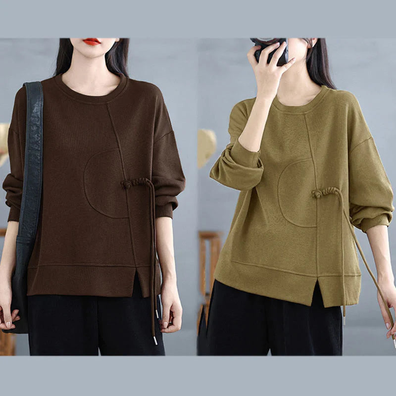 Buddha Stones Plain Frog-button Design Crew Neck Cotton Women's Long Sleeve Sweatshirt