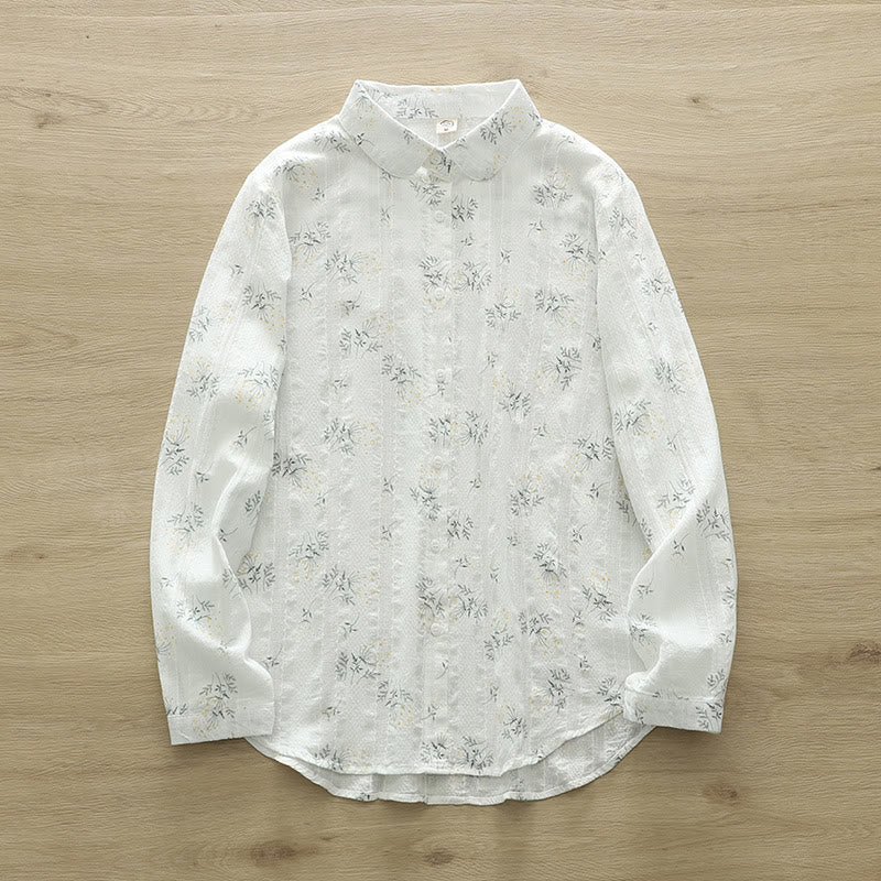 Buddha Stones Fall White Yellow Flowers Green Leaves Buttons Women's Cotton Long Sleeve Shirt