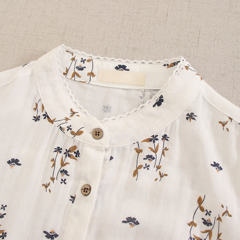 Buddha Stones Spring Small Floral Print Buttons Design Crew Neck Long Sleeve Midi Dress With Pockets