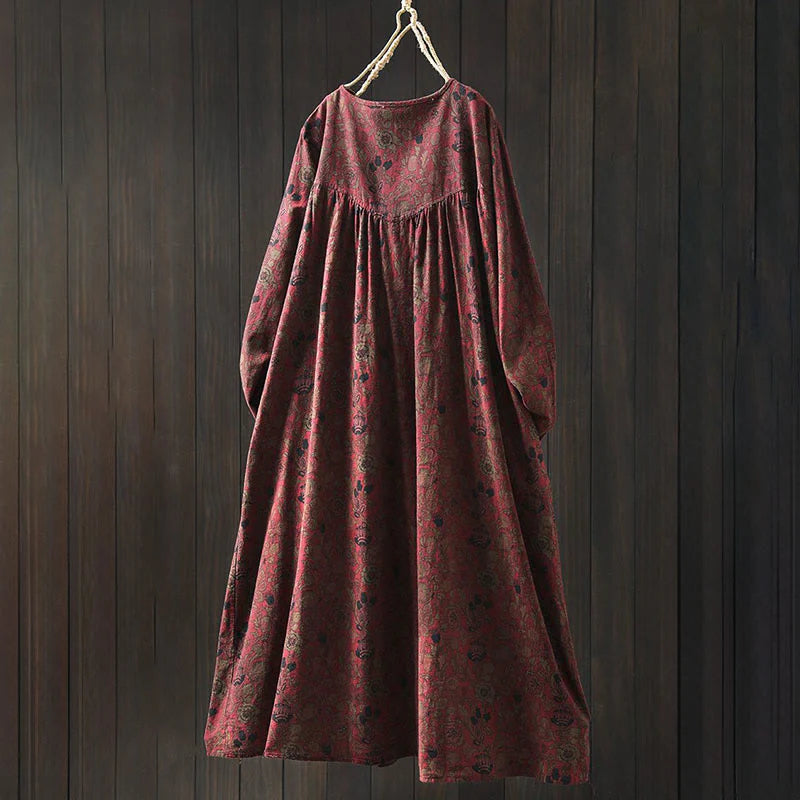 Buddha Stones Retro Floral Pattern A-line Design Long Sleeve Women's Cotton Maxi Dress