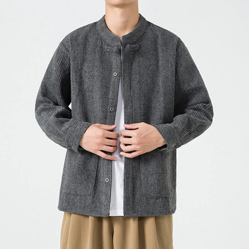 Buddha Stones Solid Color Frog-Button Long Sleeve Men's Cotton Corduroy Jacket With Pockets