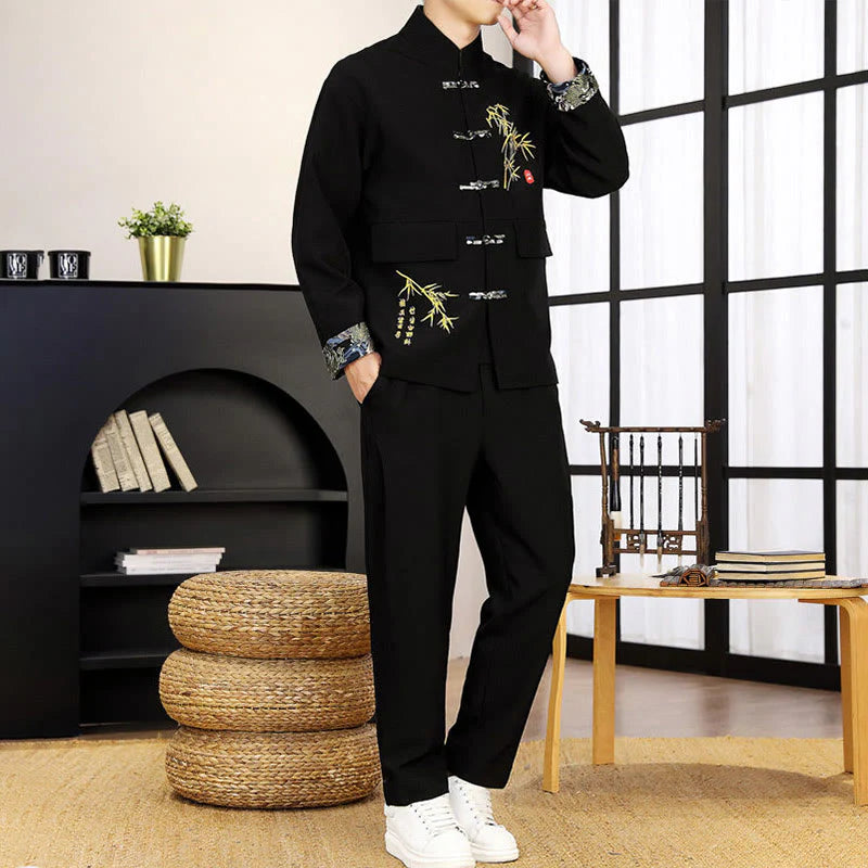 Buddha Stones 2Pcs Tang Suit Bamboo Frog-Button Men's Long Sleeve Shirt Pants Clothing Set