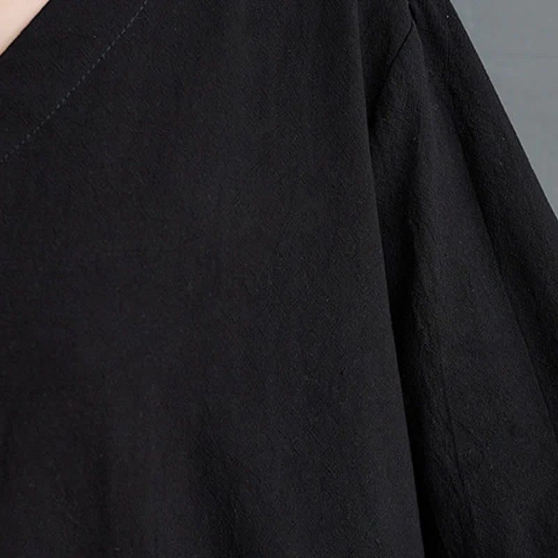 Buddha Stones Fall Casual Simple Design Long Sleeve Cotton Linen Maxi Dress With Pockets