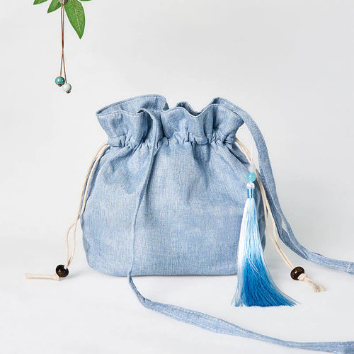 Buddha Stones Embroidered Light Blue Fairy Deer Auspicious Clouds Cotton Linen Crossbody Bag Shoulder Bag