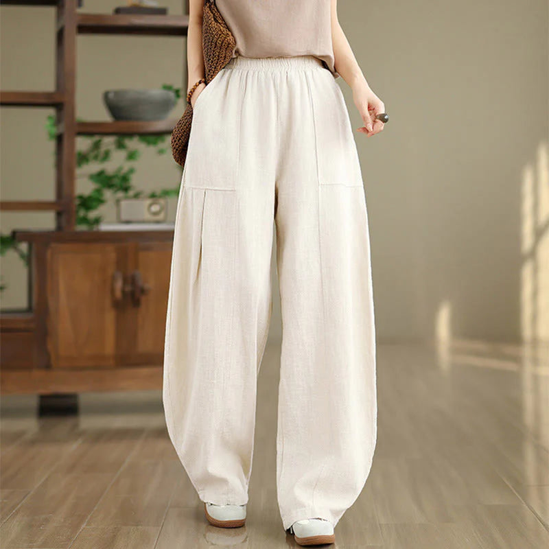 Buddha Stones Solid Color Cotton Linen Women's Straight Leg Pants With Pockets