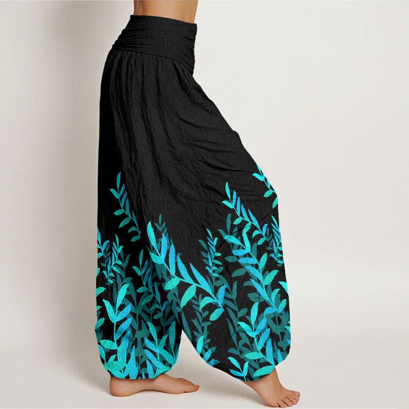 Buddha Stones Cotton Casual Leaves Pattern Women's Elastic Waist Harem Pants