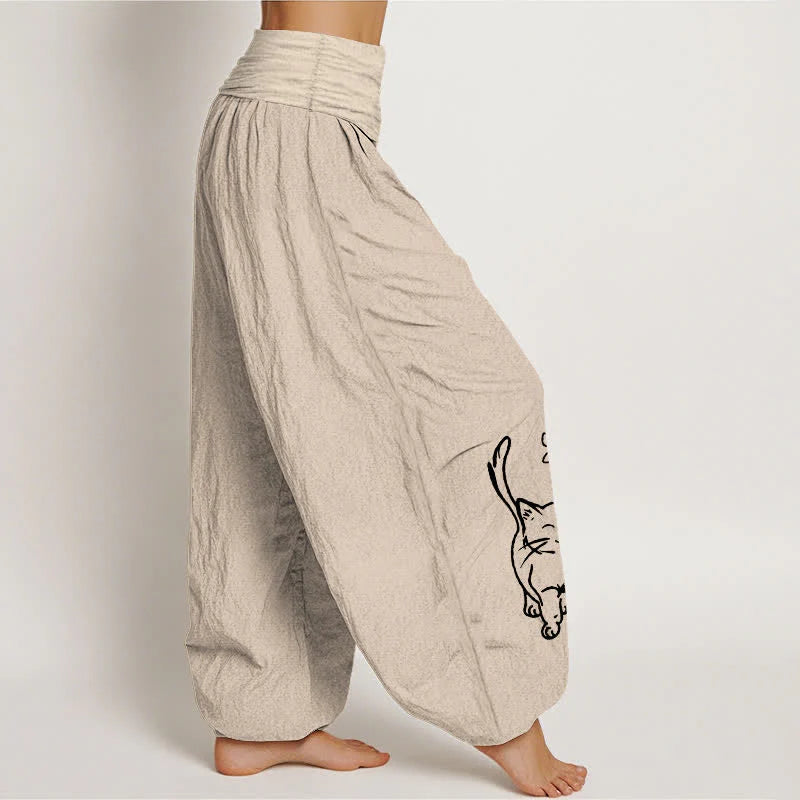 Buddha Stones Pure Cotton Cute Cat Print Women's Harem Elastic Waist Pants