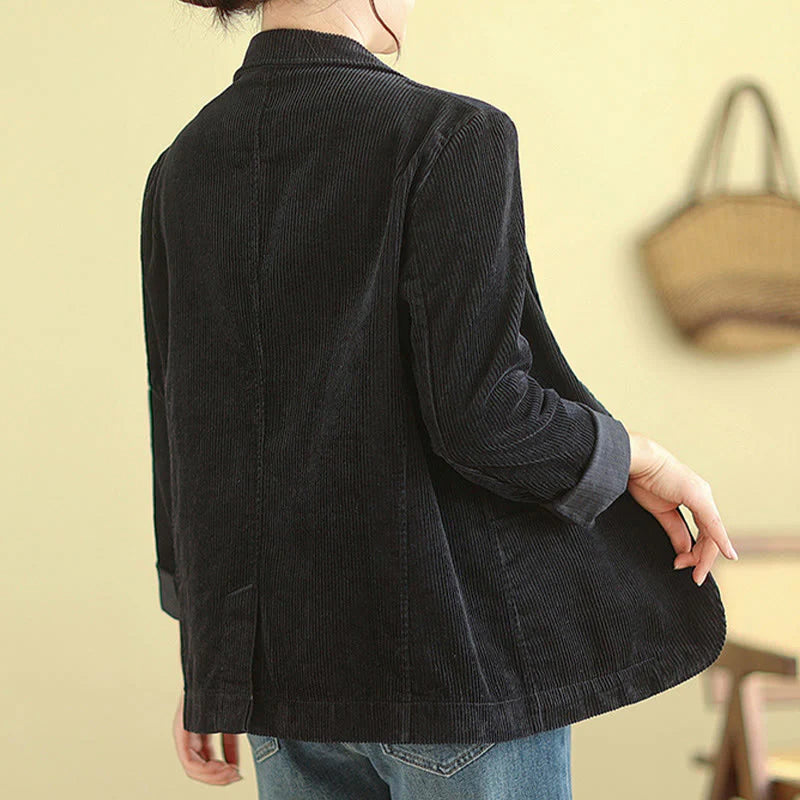 Buddha Stones Retro Plain Women's Long Sleeve Corduroy Jacket With Pockets