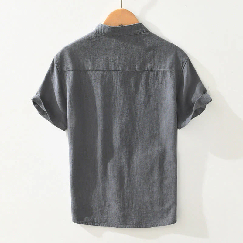 Buddha Stones Casual Buttons Design Stand Collar Men's Short Sleeve Cotton Linen Shirt With Pockets