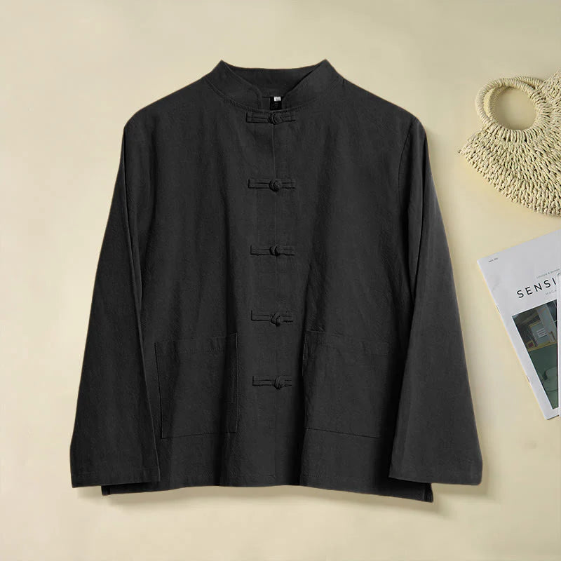 Buddha Stones Ethnic Frog-Button Long Sleeve Stand Collar Women's Cotton Shirt With Pockets