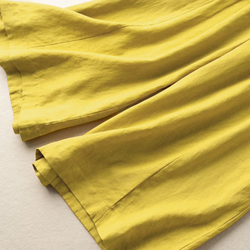 Buddha Stones Plain Color 7-8 Length Capri Cropped Pants Cotton Linen Women's Wide Leg Pants With Pockets
