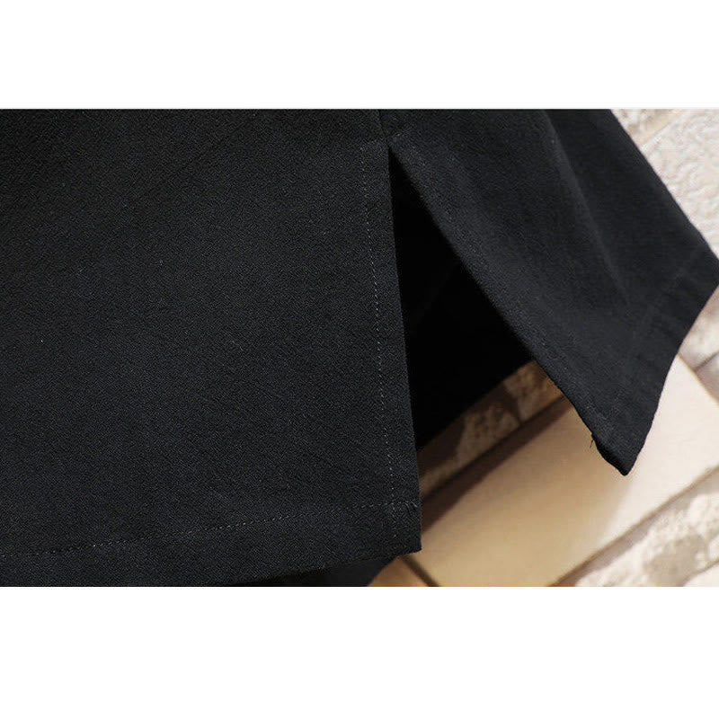 Buddha Stones Tang Suit Embroided Crane Pattern Lace-Up Side Men's Cotton Linen Short Sleeve T-Shirt
