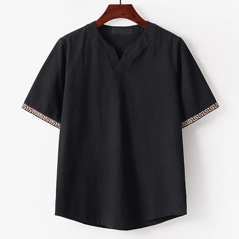 Buddha Stones Summer Embroidered Short Sleeve Notched Collar Men's Cotton Linen T-Shirt