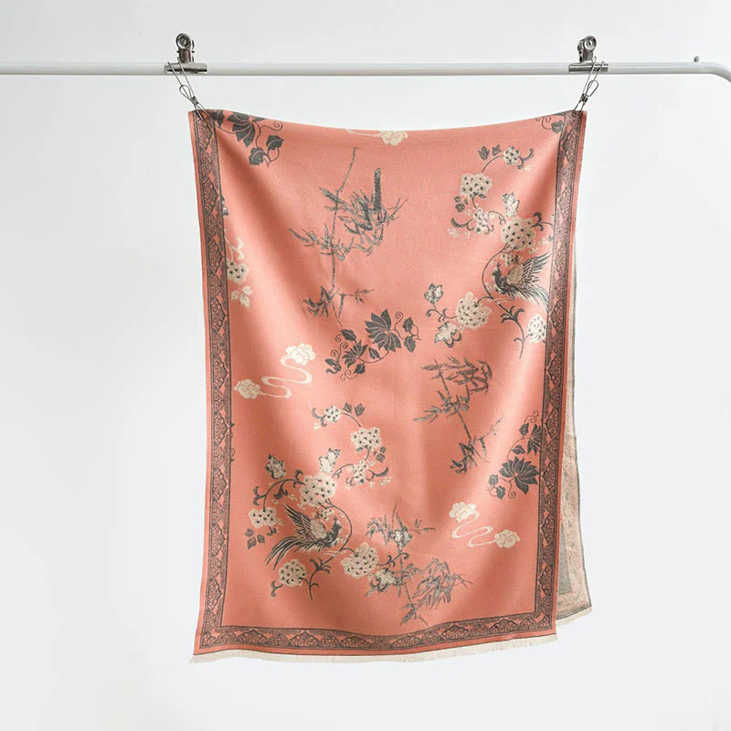 Buddha Stones Winter Birds Bamboo Leaves Vines Pattern Soft Scarf Shawl