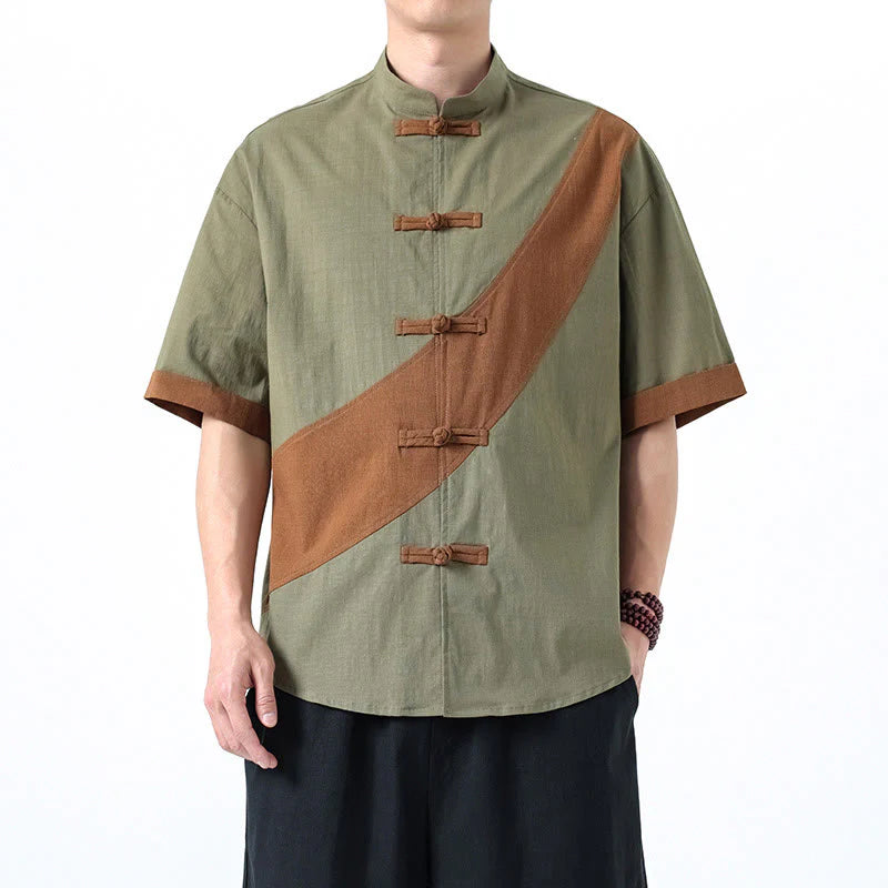 Buddha Stones Spring Color Contrast Chinese Frog-Button Design Men's Half Sleeve Cotton Linen Shirt