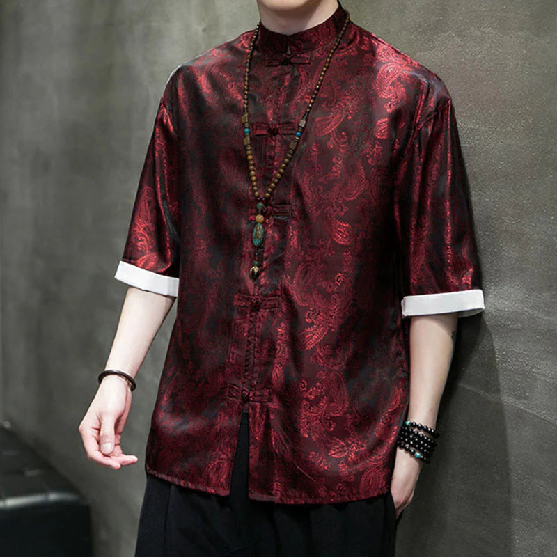 Buddha Stones Summer Cashew Flowers Pattern Men's Frog-Button Half Sleeve Shirts