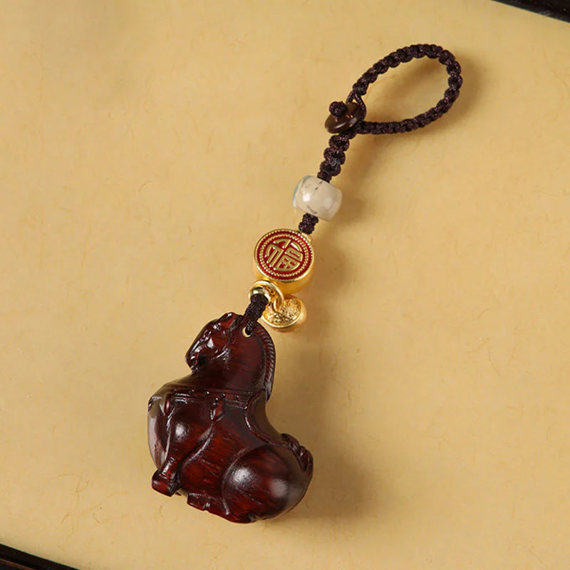Buddha Stones Year Of The Horse Fu Character Small Leaf Red Sandalwood Various Sandalwood Balance Key Chain