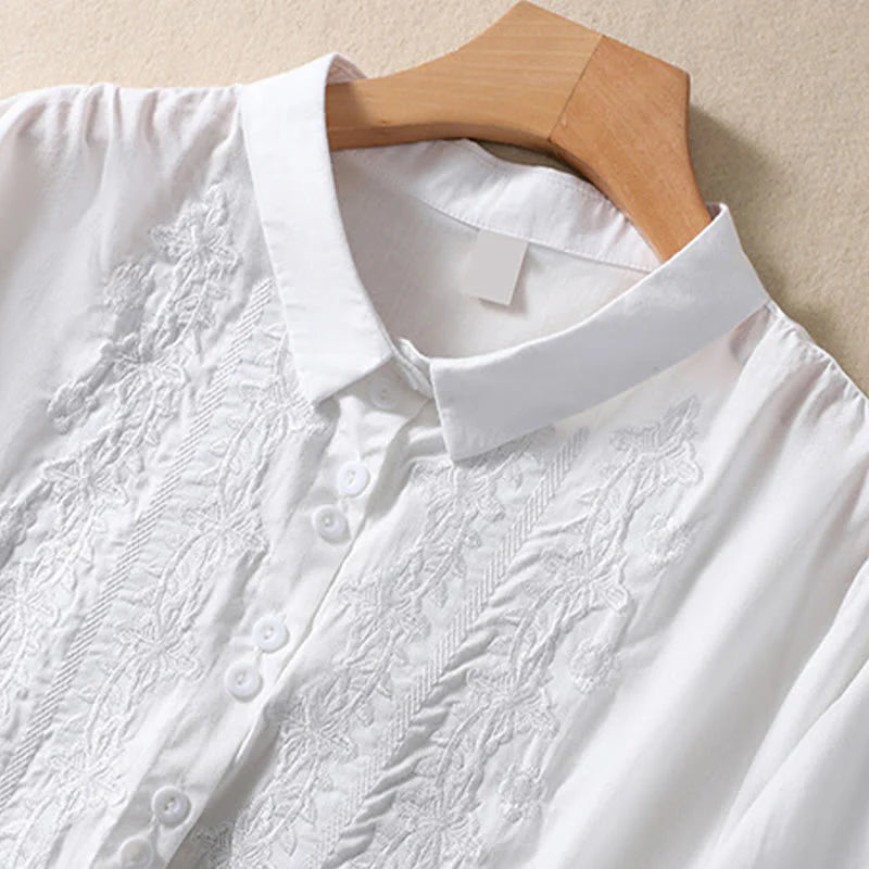 Buddha Stones Summer Plain Button Embroidery Flower Pattern Three Quarter Sleeve Lapel Cotton Linen Women's Shirt