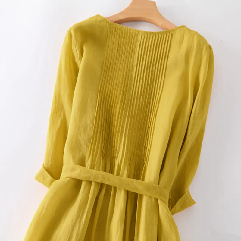 Buddha Stones Casual Lace-up Plain Crew Neck Half Sleeve Midi Dress With Pockets