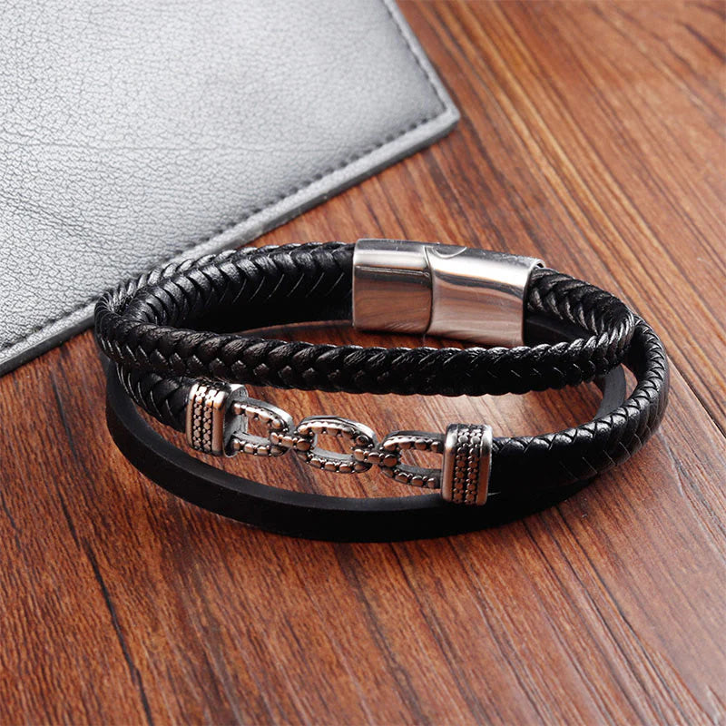 Buddha Stones Handmade Chain Link Design Titanium Steel Leather Strengthen Bracelet