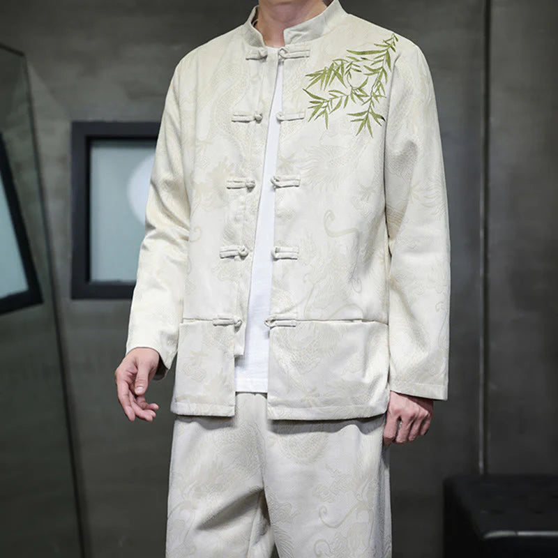 Buddha Stones 2Pcs Spring Dragon Bamboo Clouds Men's Tang Suit Frog-Button Cotton Long Sleeve Jacket Pants Set With Pockets